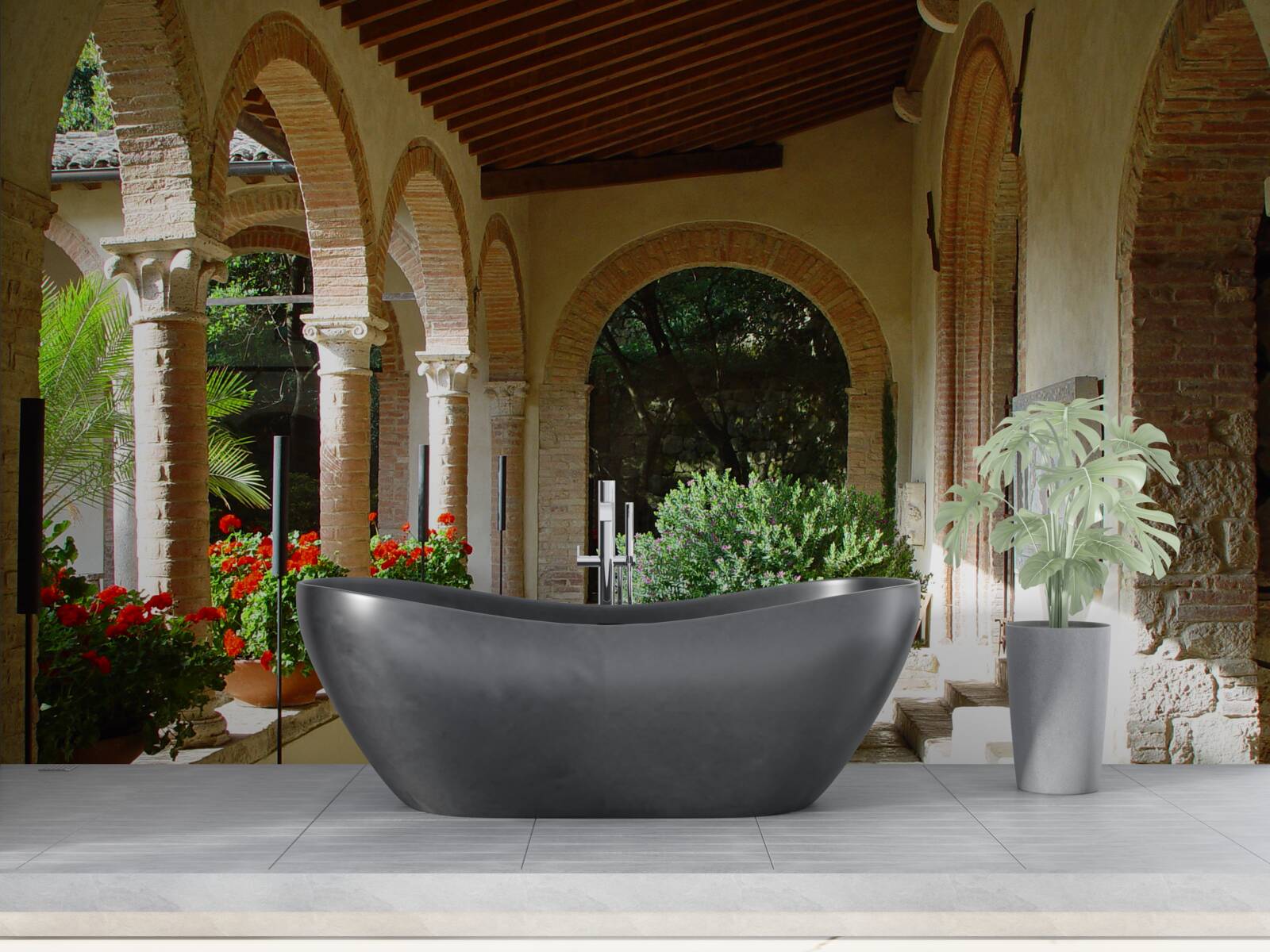 Fototapeta zaoblené kamenné oblúky a črepníkové kvety