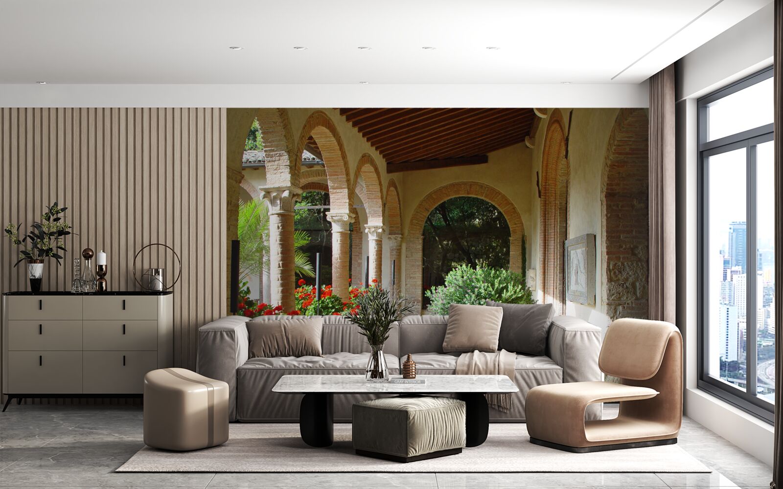 Fototapeta zaoblené kamenné oblúky a črepníkové kvety