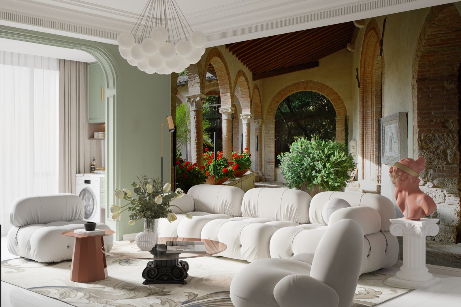 Fototapeta zaoblené kamenné oblúky a črepníkové kvety