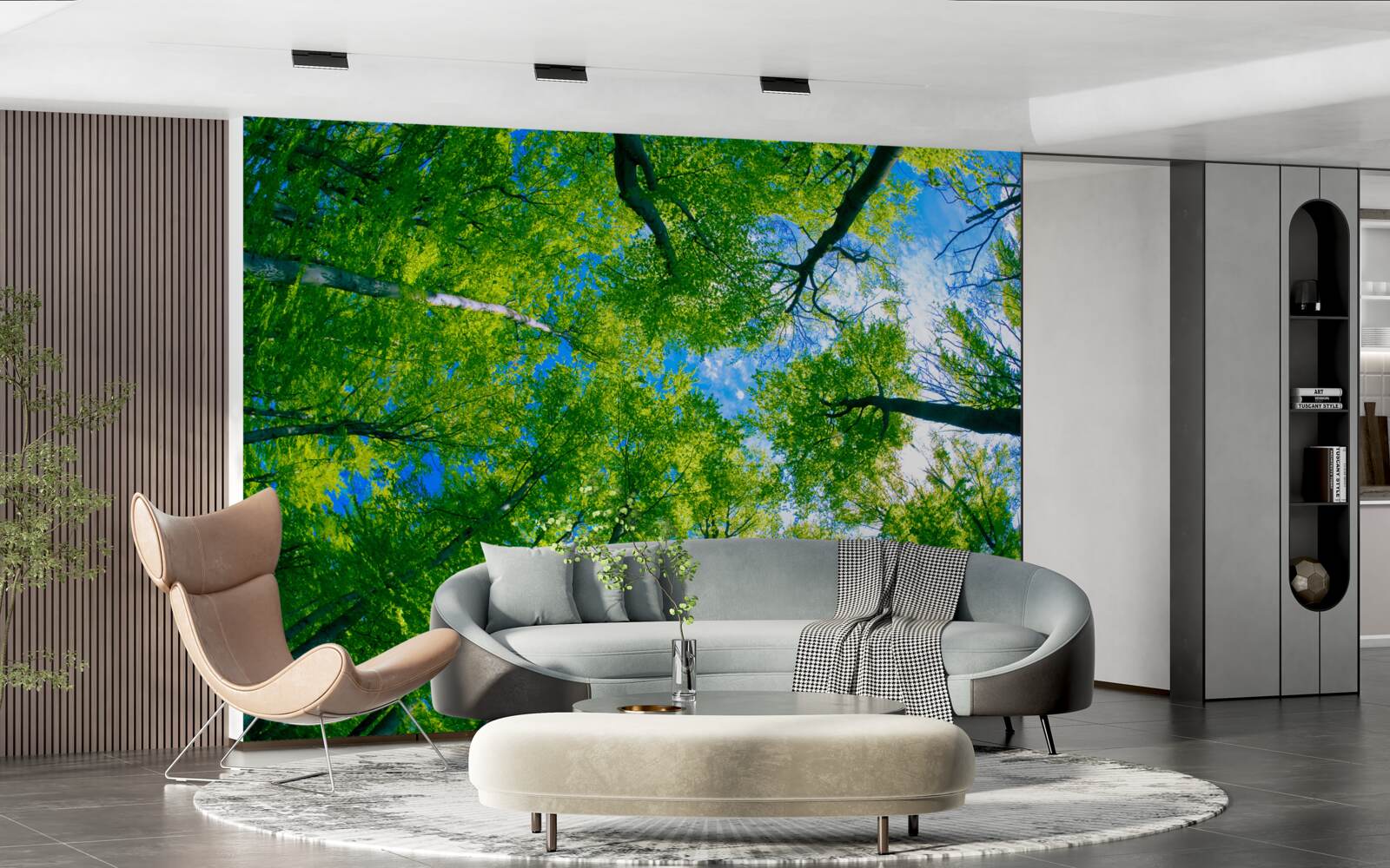 Fototapeta smaragdovo sfarbený les s modrou oblohou v Pozadí