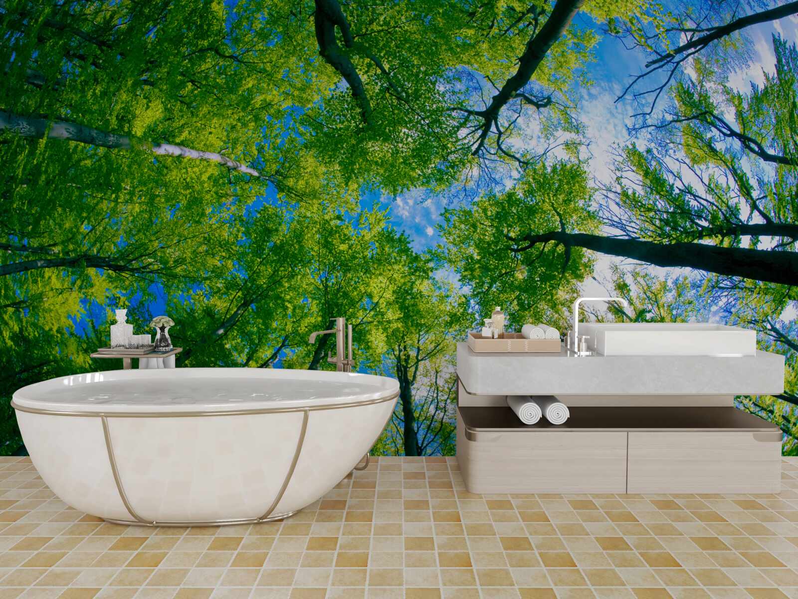 Fototapeta smaragdovo sfarbený les s modrou oblohou v Pozadí