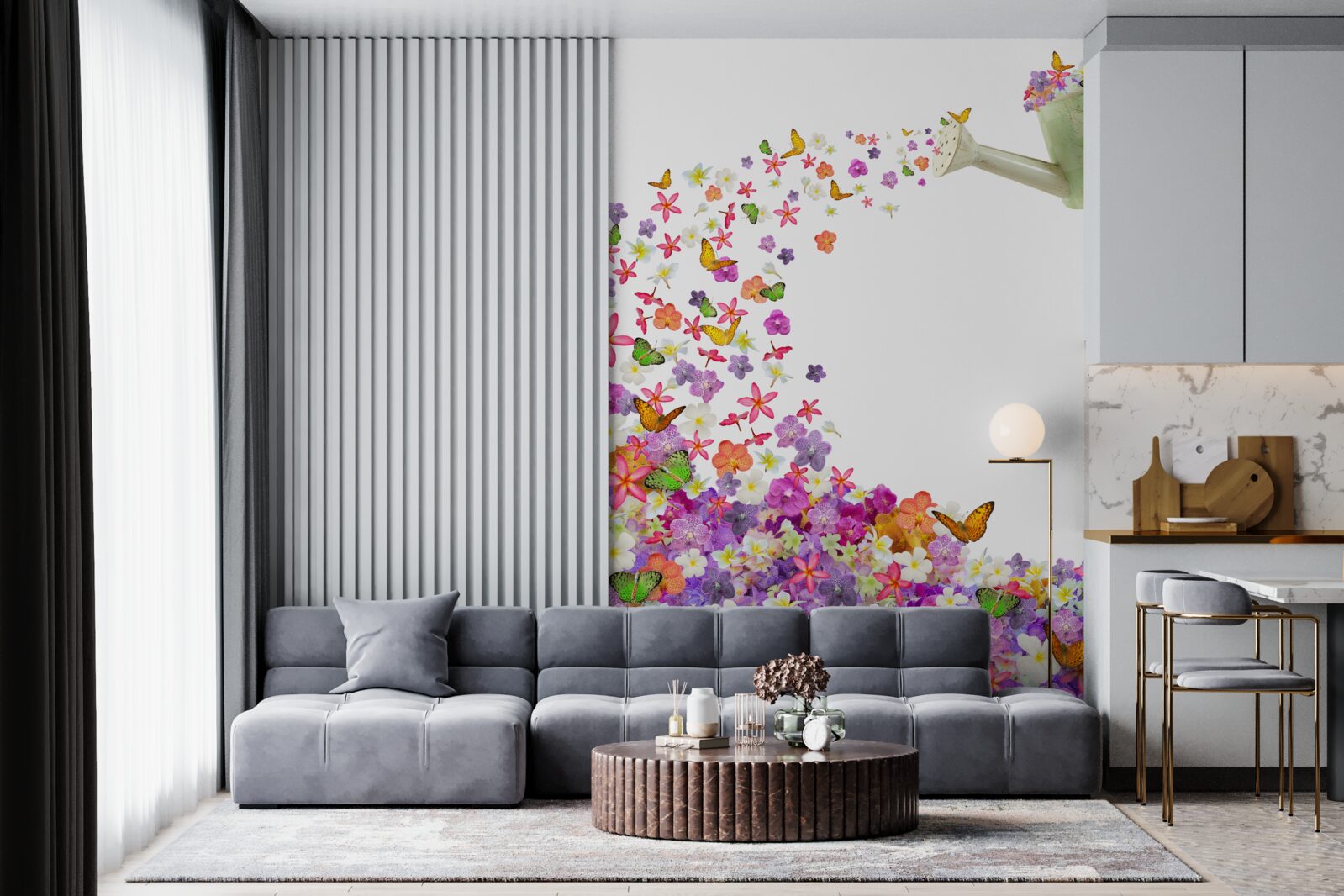 Fototapeta zalievacia nádoba sú letné kvety a motýle