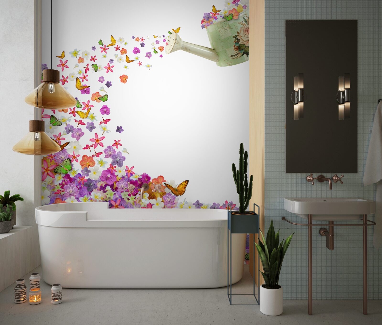 Fototapeta zalievacia nádoba sú letné kvety a motýle