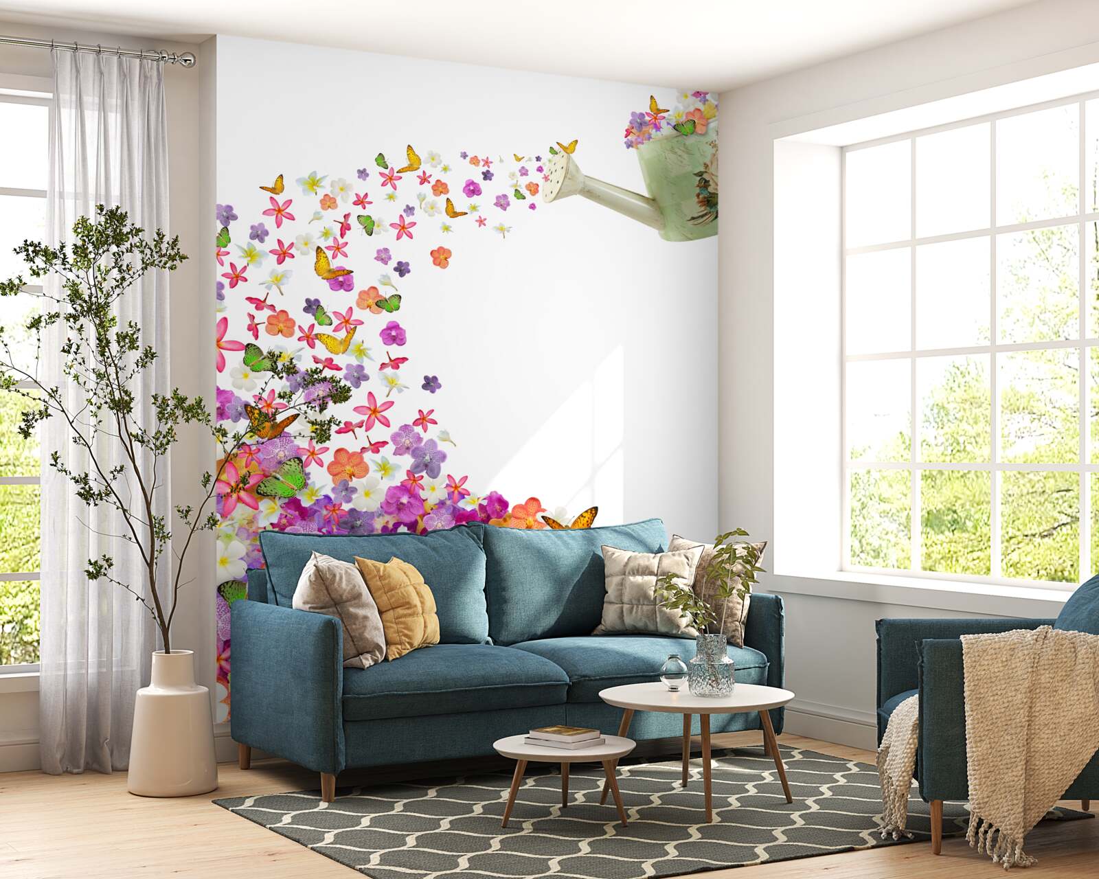 Fototapeta zalievacia nádoba sú letné kvety a motýle