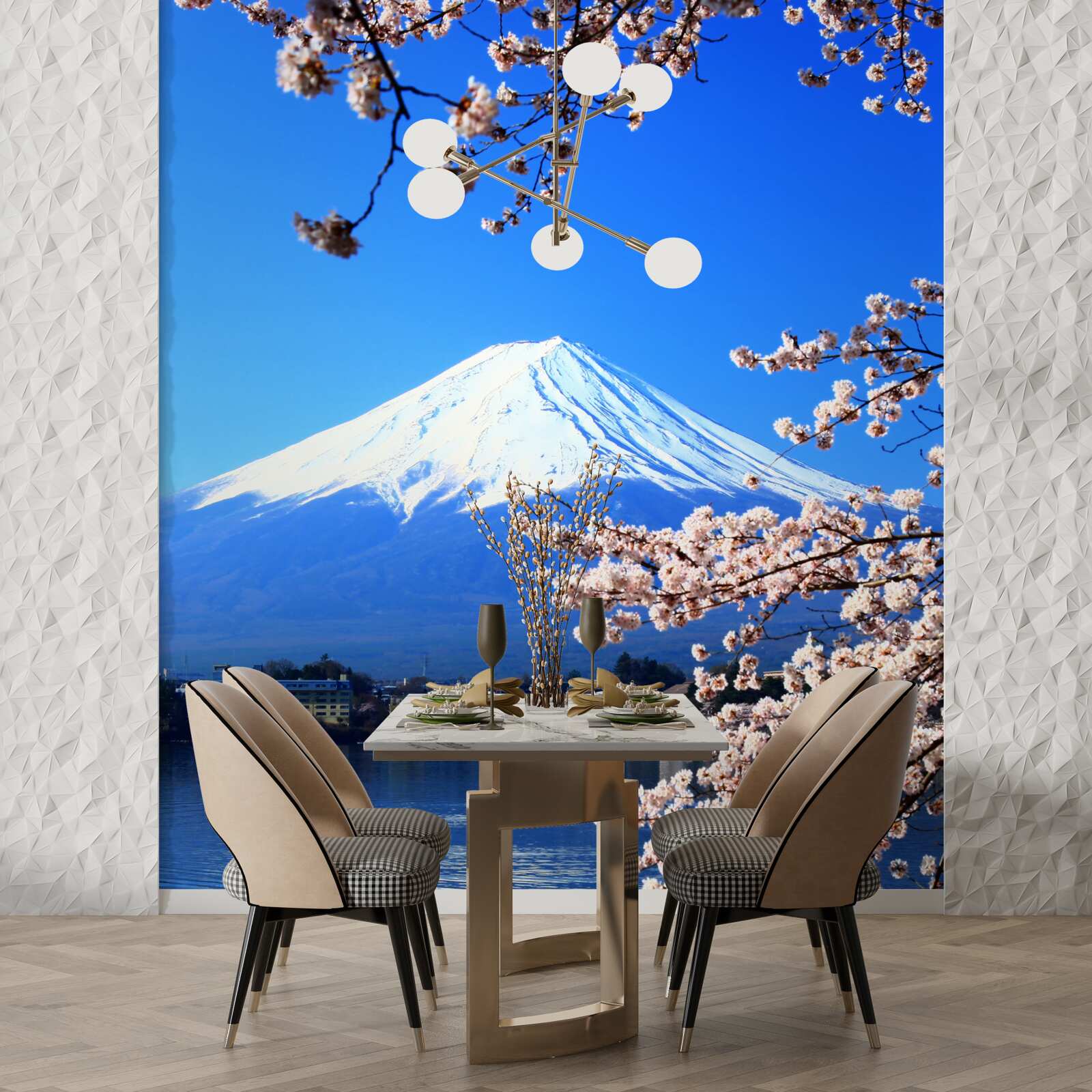 Fototapeta čerešňové kvety na zadnom jazere a vrchol hory