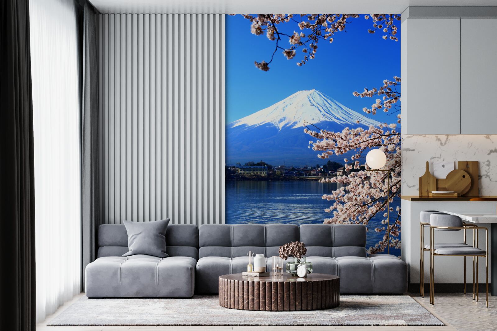 Fototapeta čerešňové kvety na zadnom jazere a vrchol hory