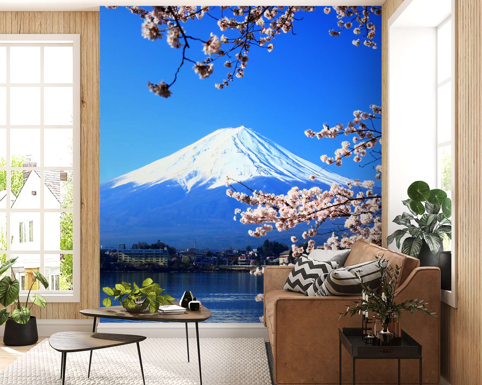 Fototapeta čerešňové kvety na zadnom jazere a vrchol hory