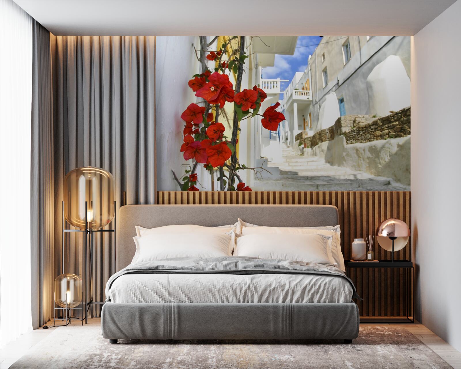 Fototapeta šarlátové kvety na rozžiarených námestiach miest