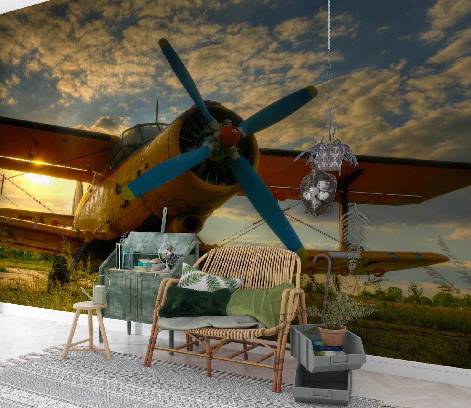 Fototapeta v poli je vintage lietadlo s vrtuľou