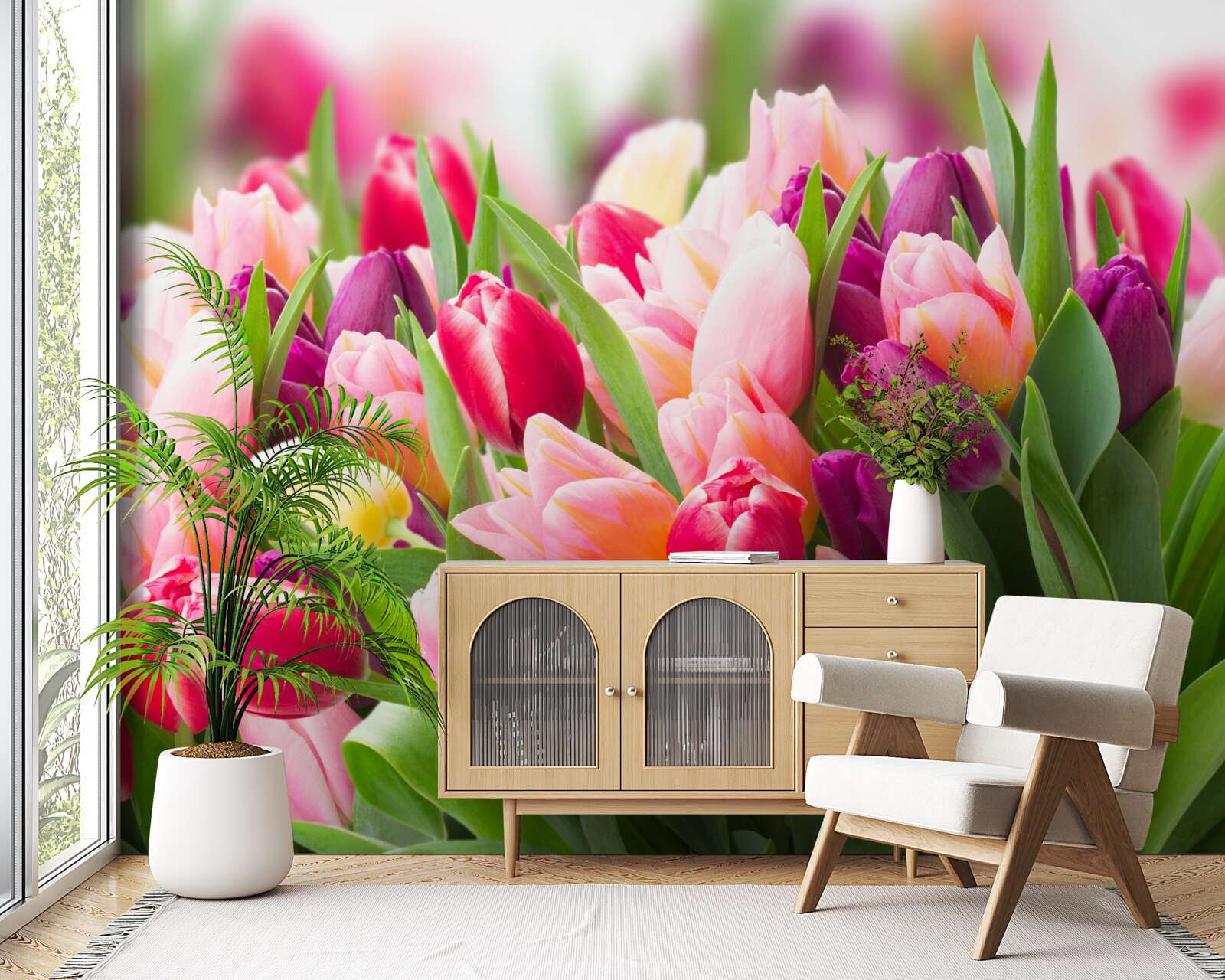 Fototapeta čerstvé jarné tulipány so zelenými listami