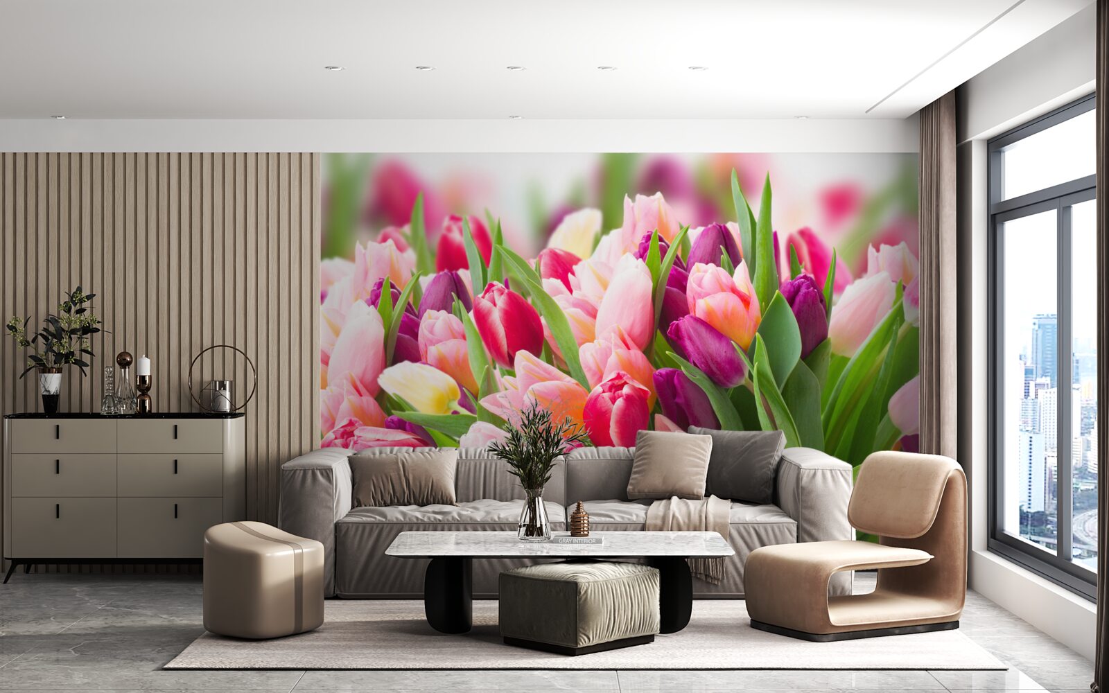 Fototapeta čerstvé jarné tulipány so zelenými listami