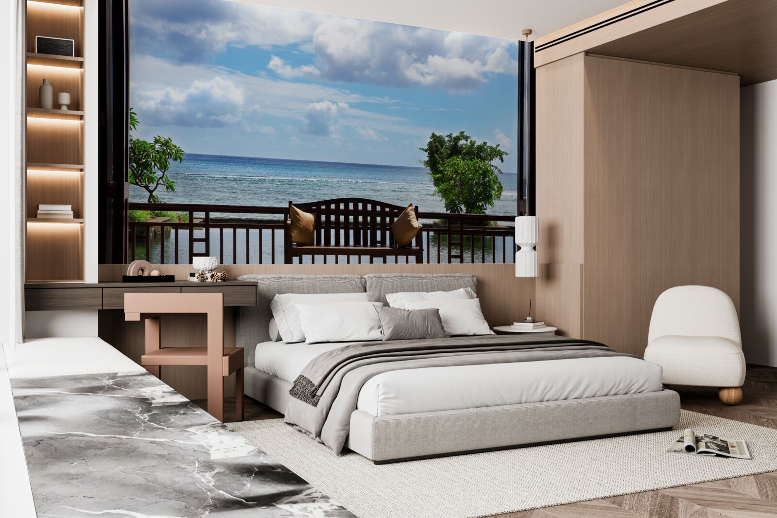 Fototapeta pohodlná lavička na pobreží oceánu