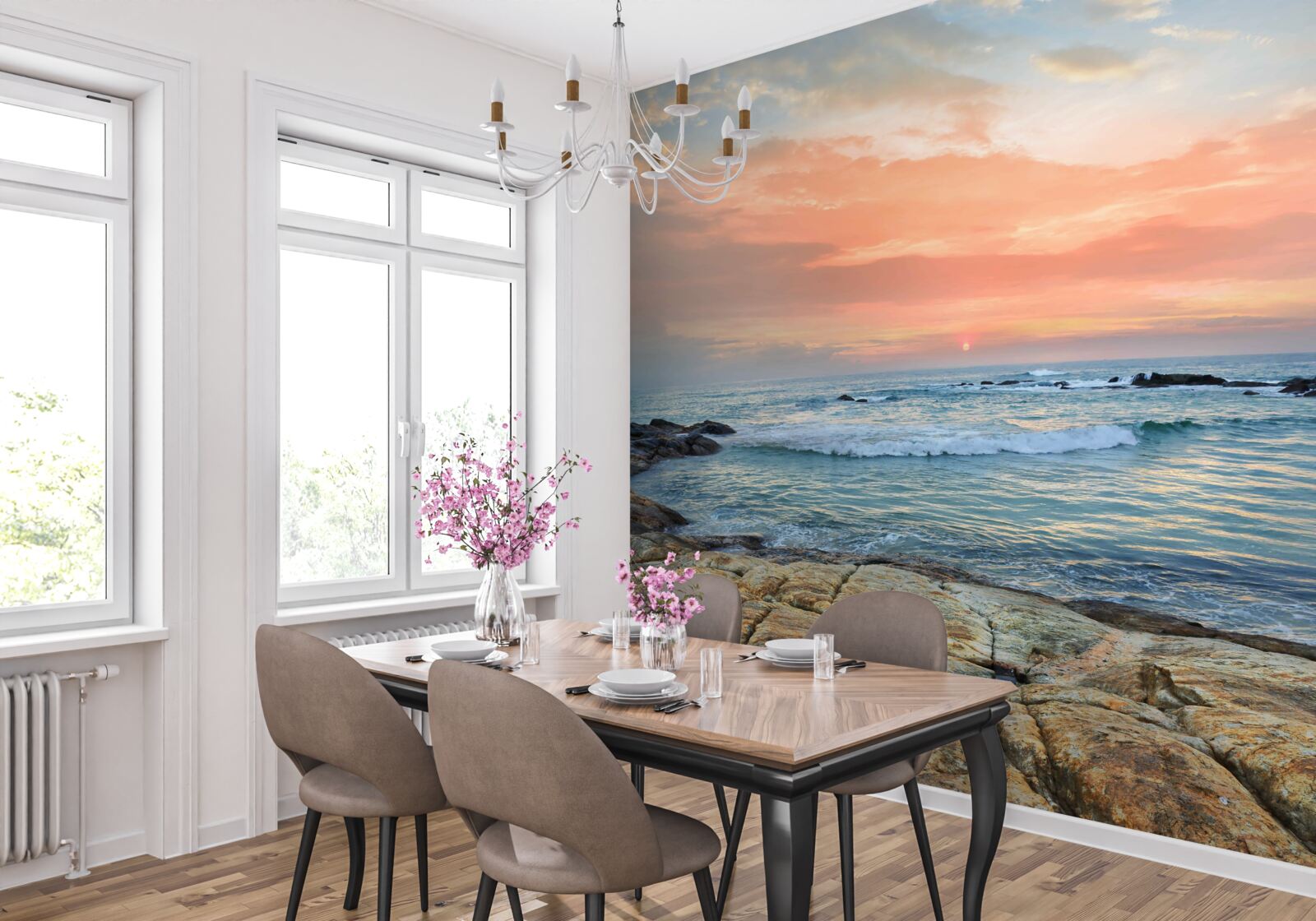 Fototapeta oceán tiahnu sa k obzoru a ružový západ slnka