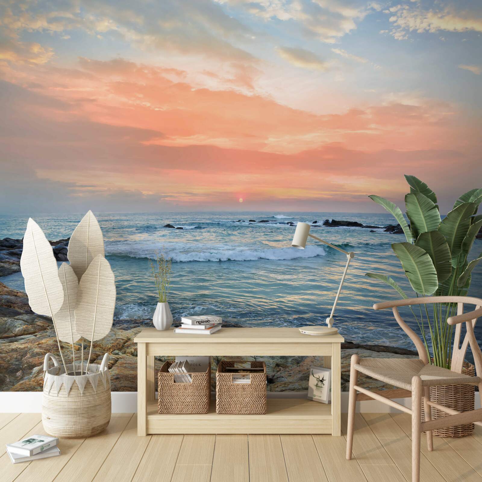 Fototapeta oceán tiahnu sa k obzoru a ružový západ slnka