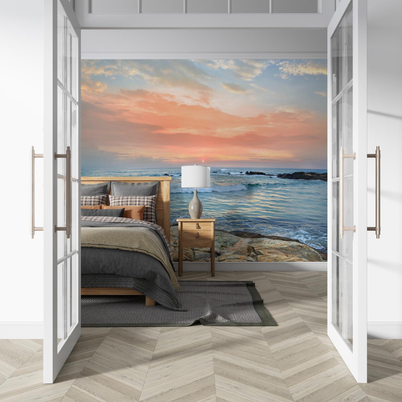 Fototapeta oceán tiahnu sa k obzoru a ružový západ slnka