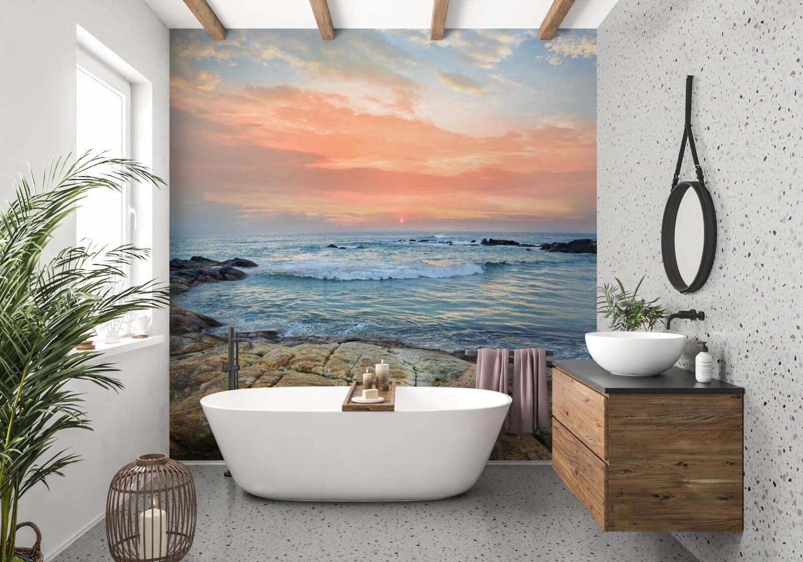 Fototapeta oceán tiahnu sa k obzoru a ružový západ slnka