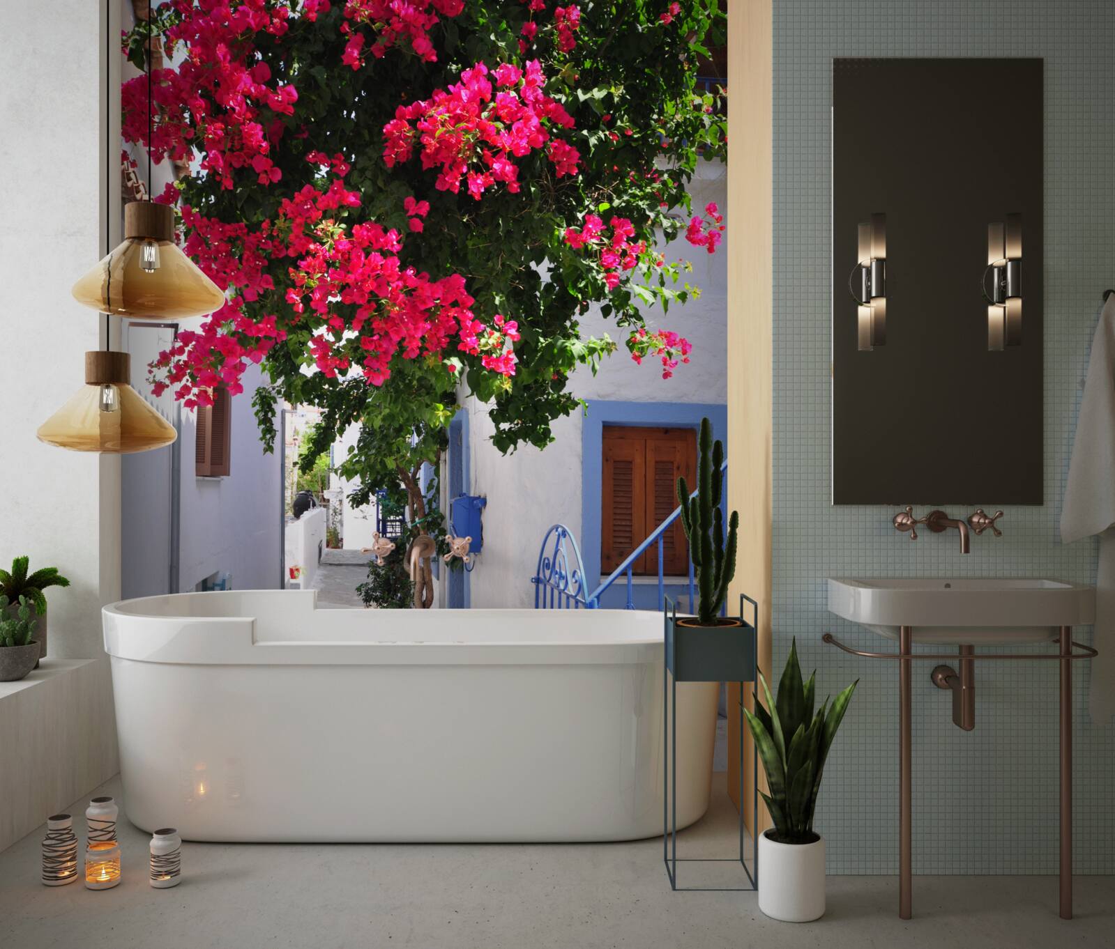 Fototapeta V Grécku pri bielych domoch rastú červené kvety