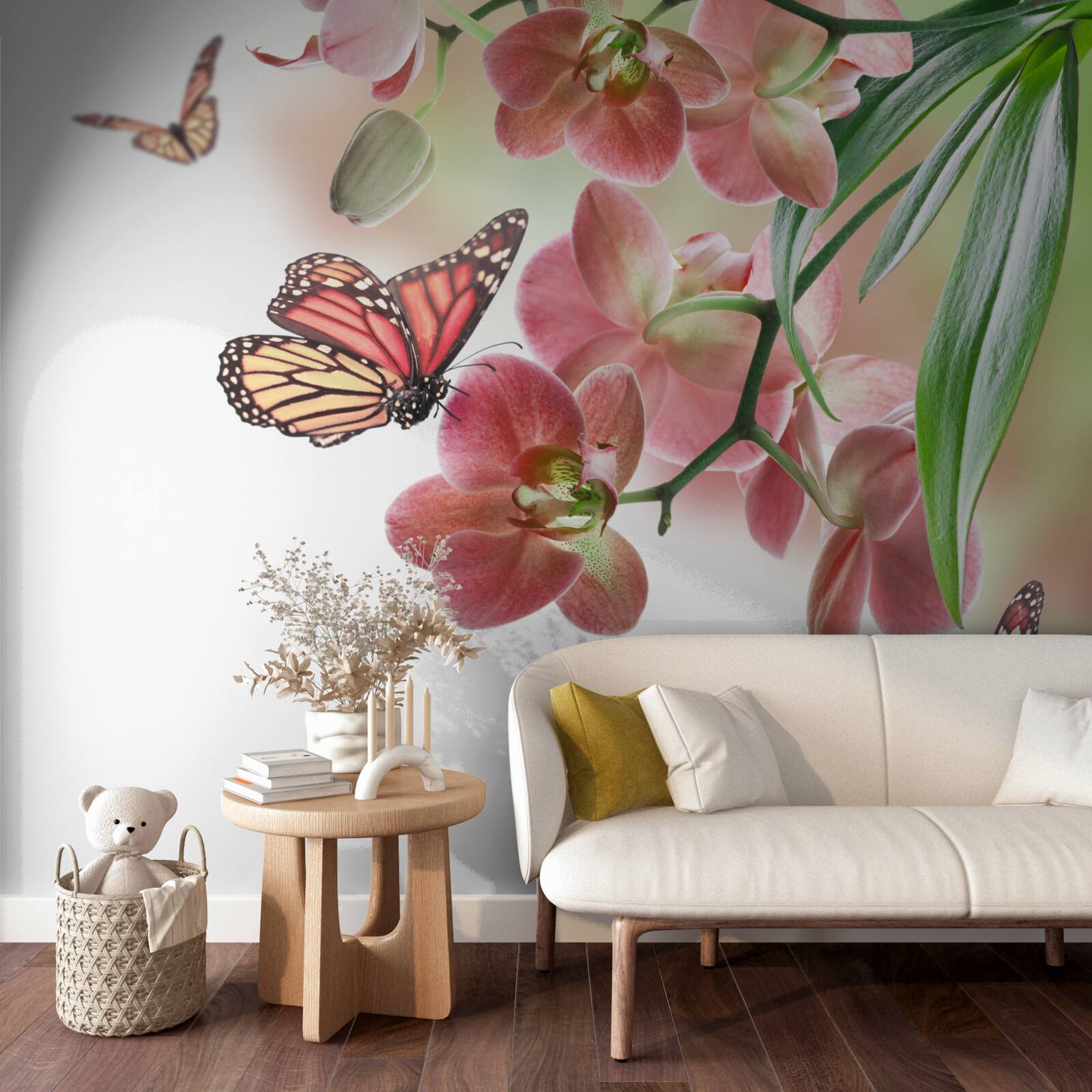 Fototapeta motýle poletujú nad rozkvitnutými kvetmi