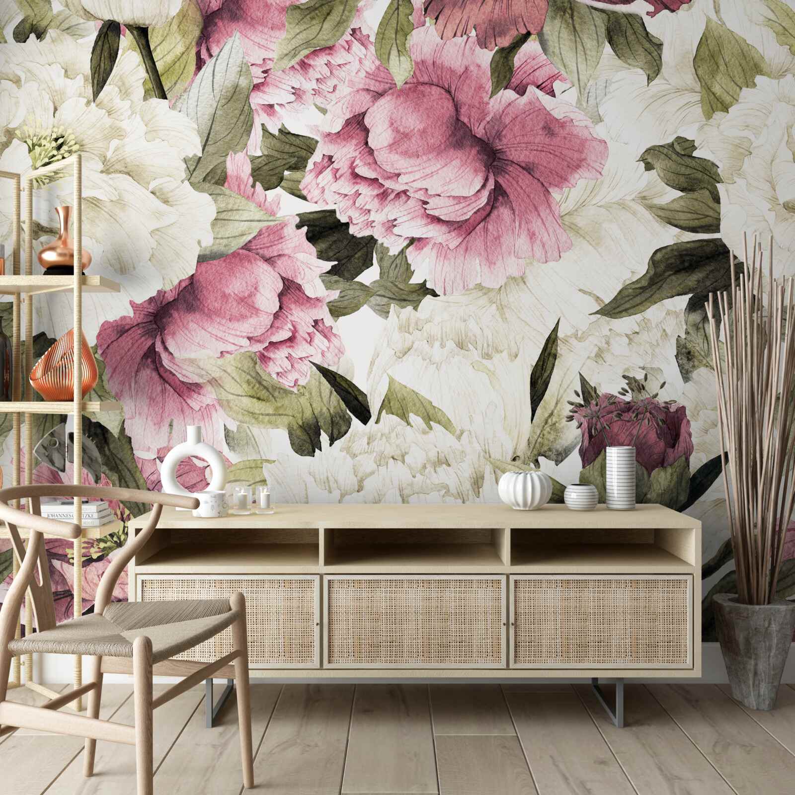 Fototapeta na konároch stromov kvitli svetlými bielymi a červenými kvetmi