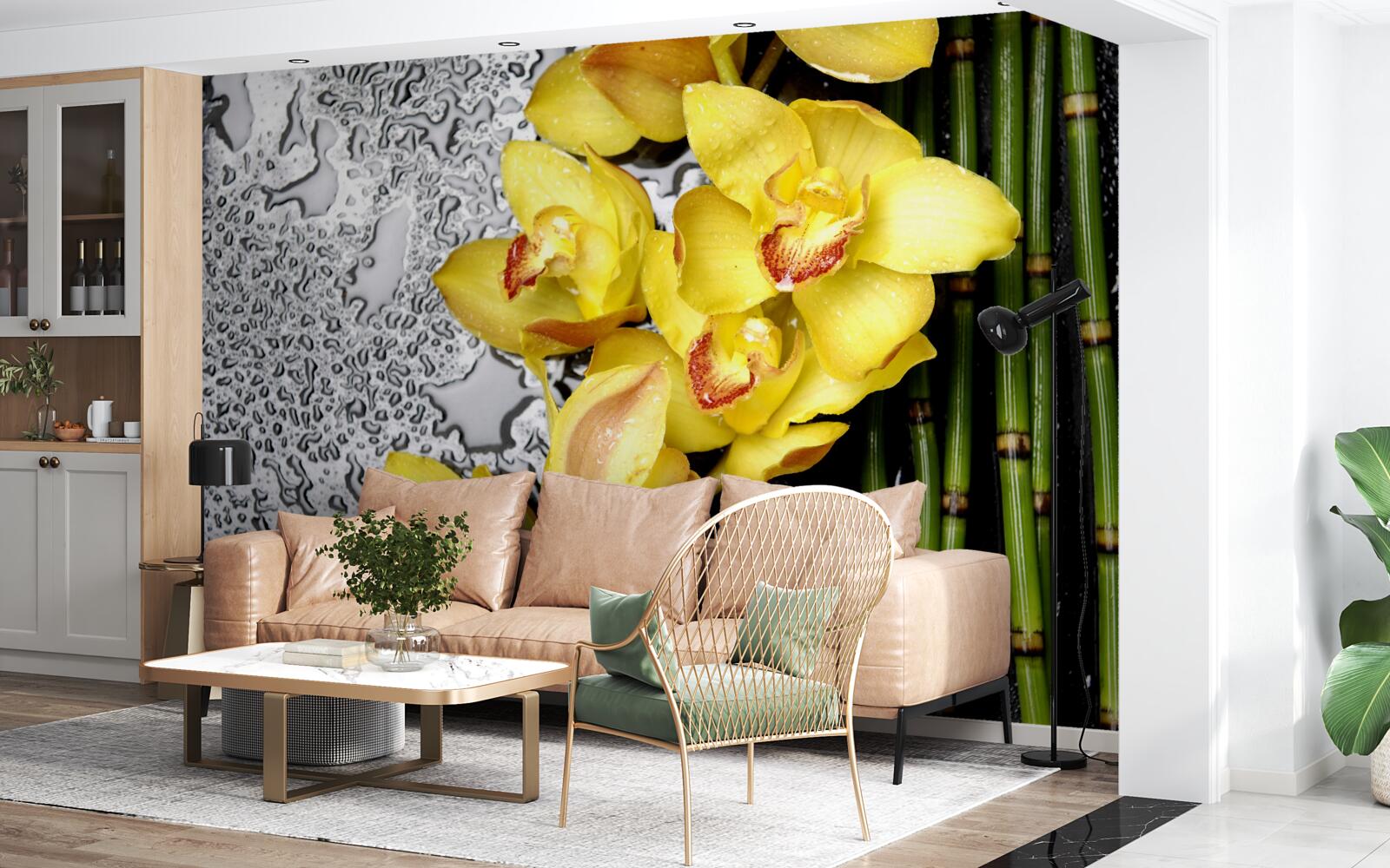 Fototapeta žltá orchidea žerie na bambuse vedľa kameňa