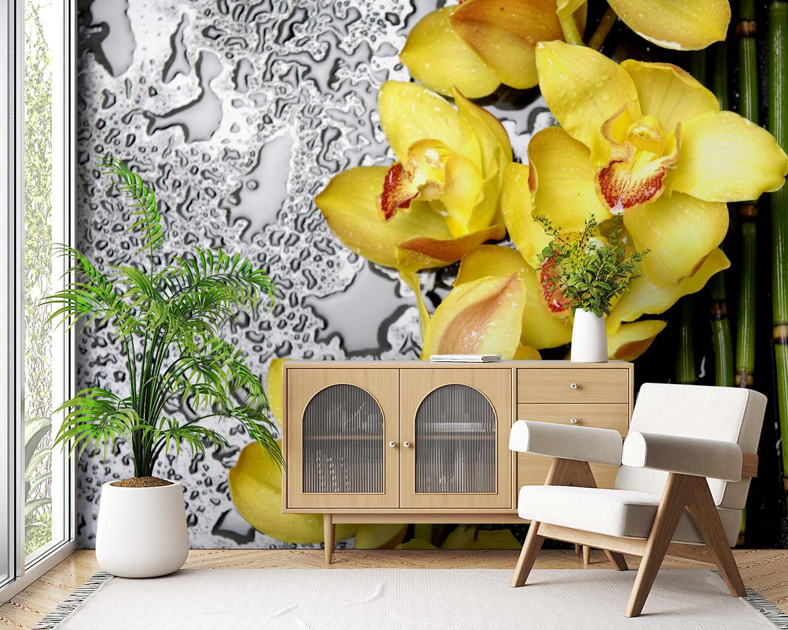 Fototapeta žltá orchidea žerie na bambuse vedľa kameňa