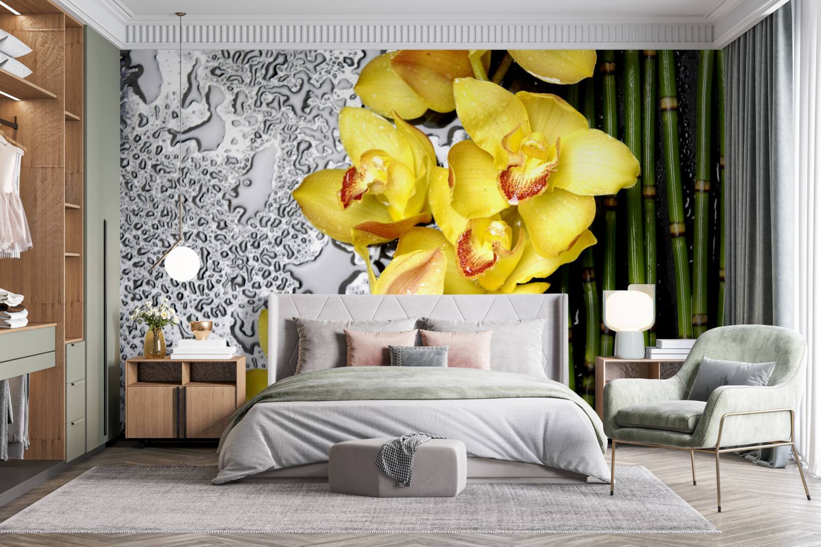 Fototapeta žltá orchidea žerie na bambuse vedľa kameňa