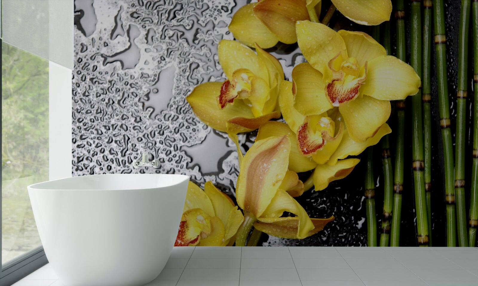 Fototapeta žltá orchidea žerie na bambuse vedľa kameňa