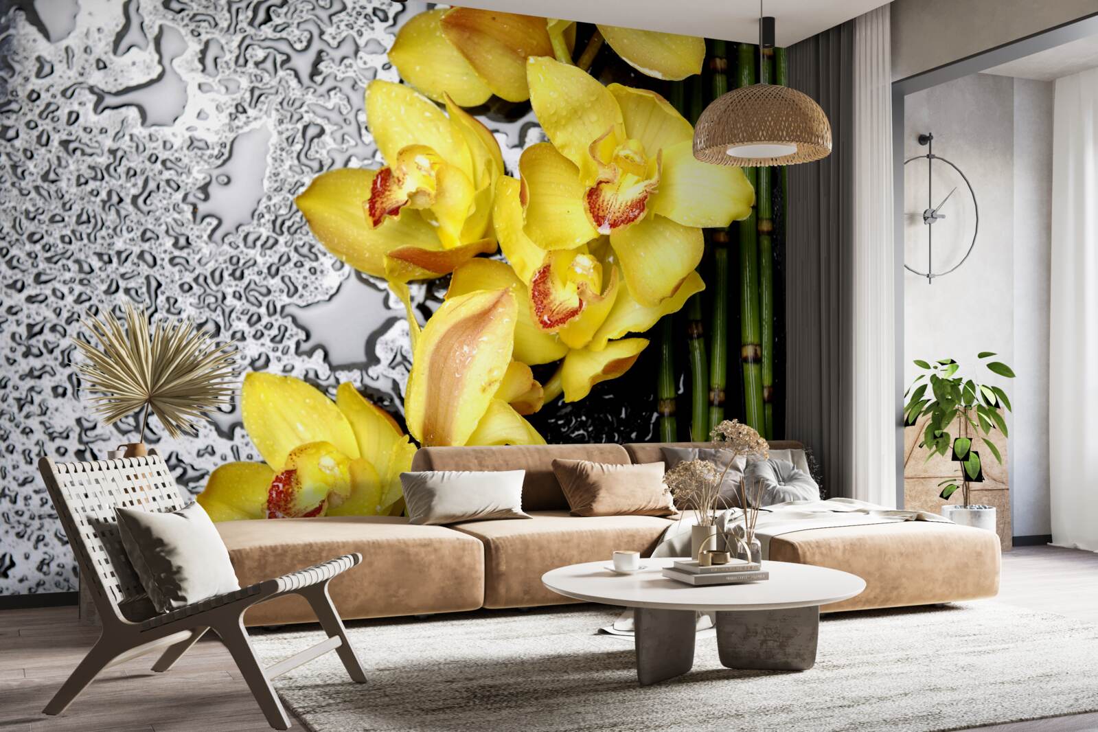 Fototapeta žltá orchidea žerie na bambuse vedľa kameňa