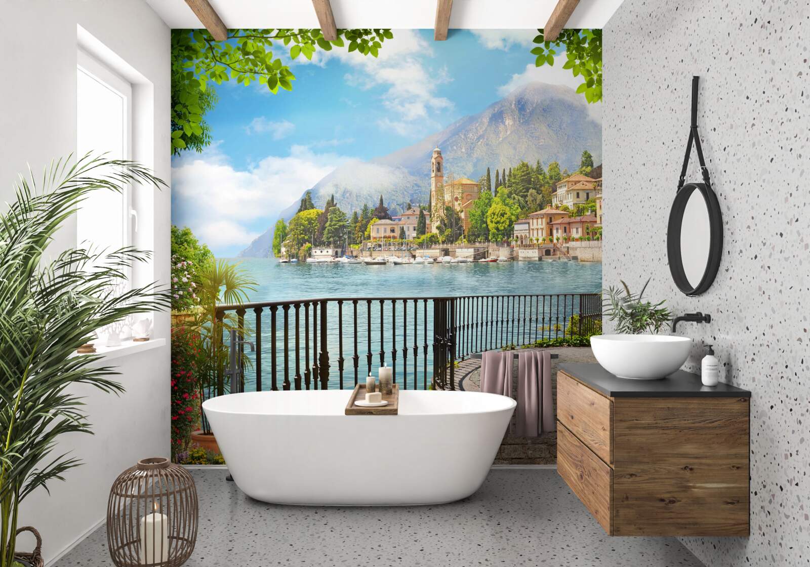 Fototapeta promenáda s panoramatickým výhľadom na historické mesto a horskú krajinu