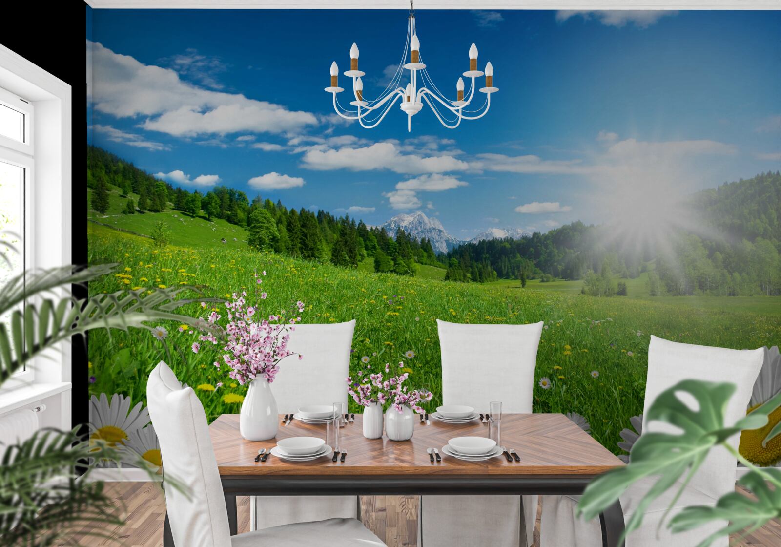 Fototapeta jasné ráno nad rozkvitnutou lúkou a sedmokráskami