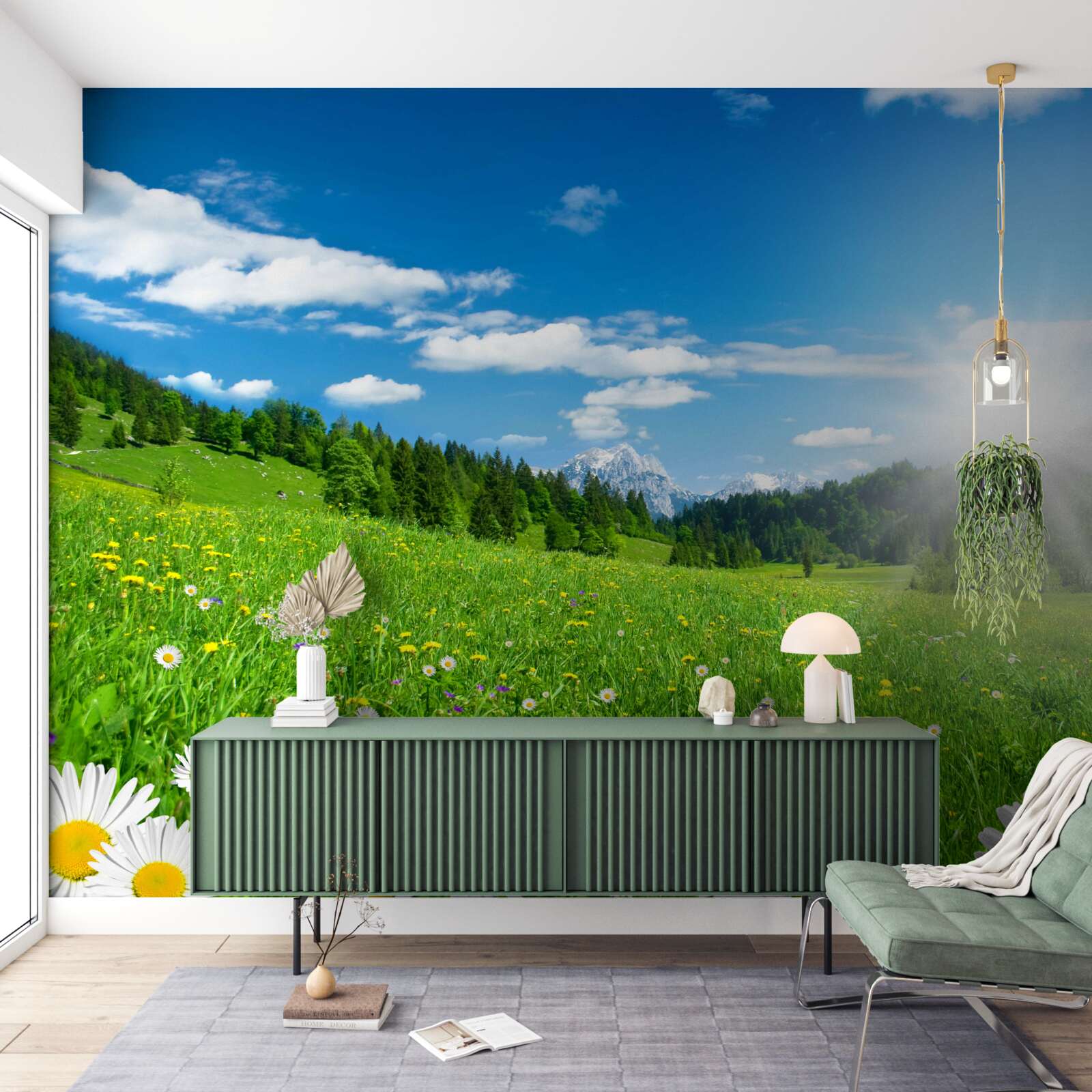 Fototapeta jasné ráno nad rozkvitnutou lúkou a sedmokráskami