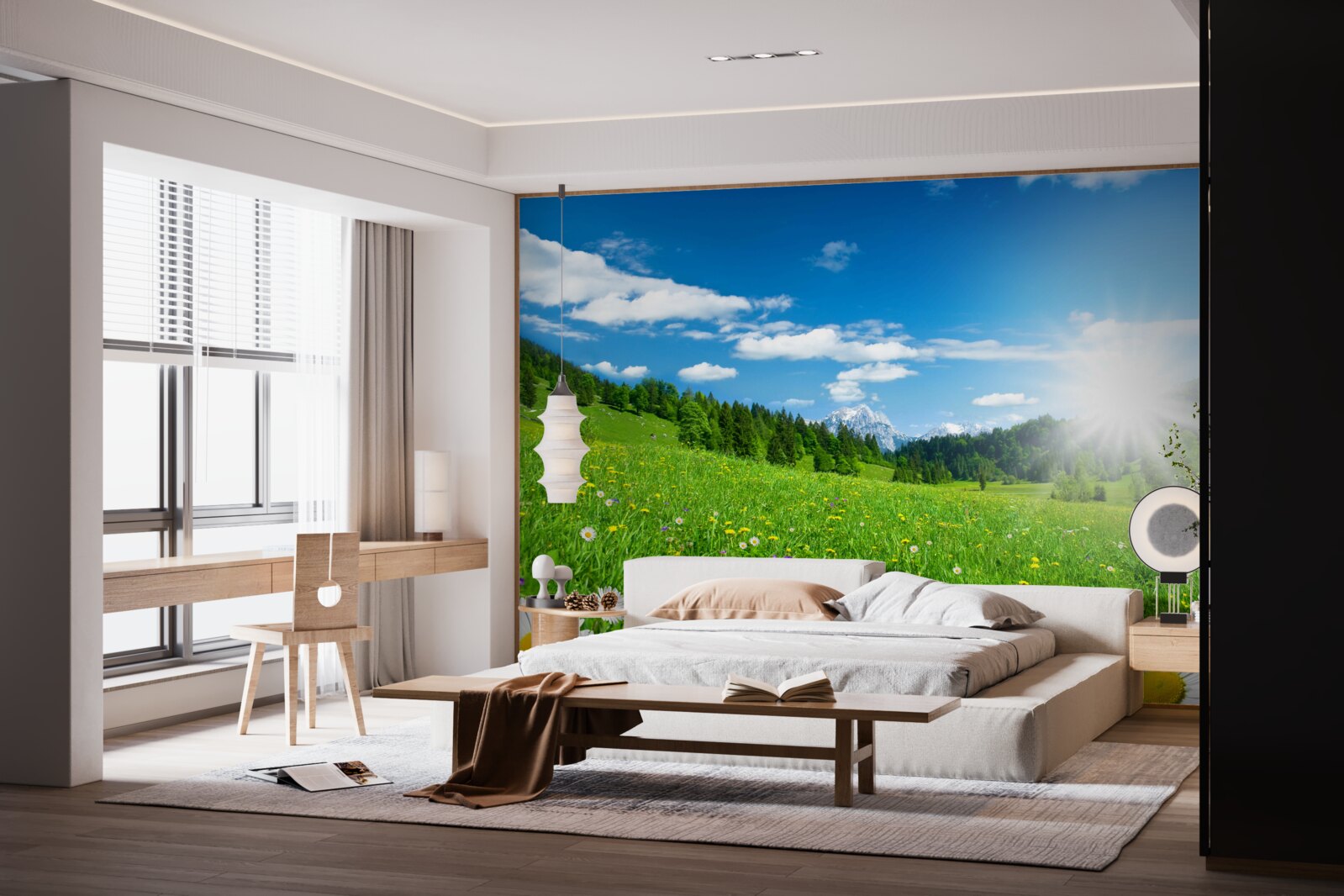 Fototapeta jasné ráno nad rozkvitnutou lúkou a sedmokráskami