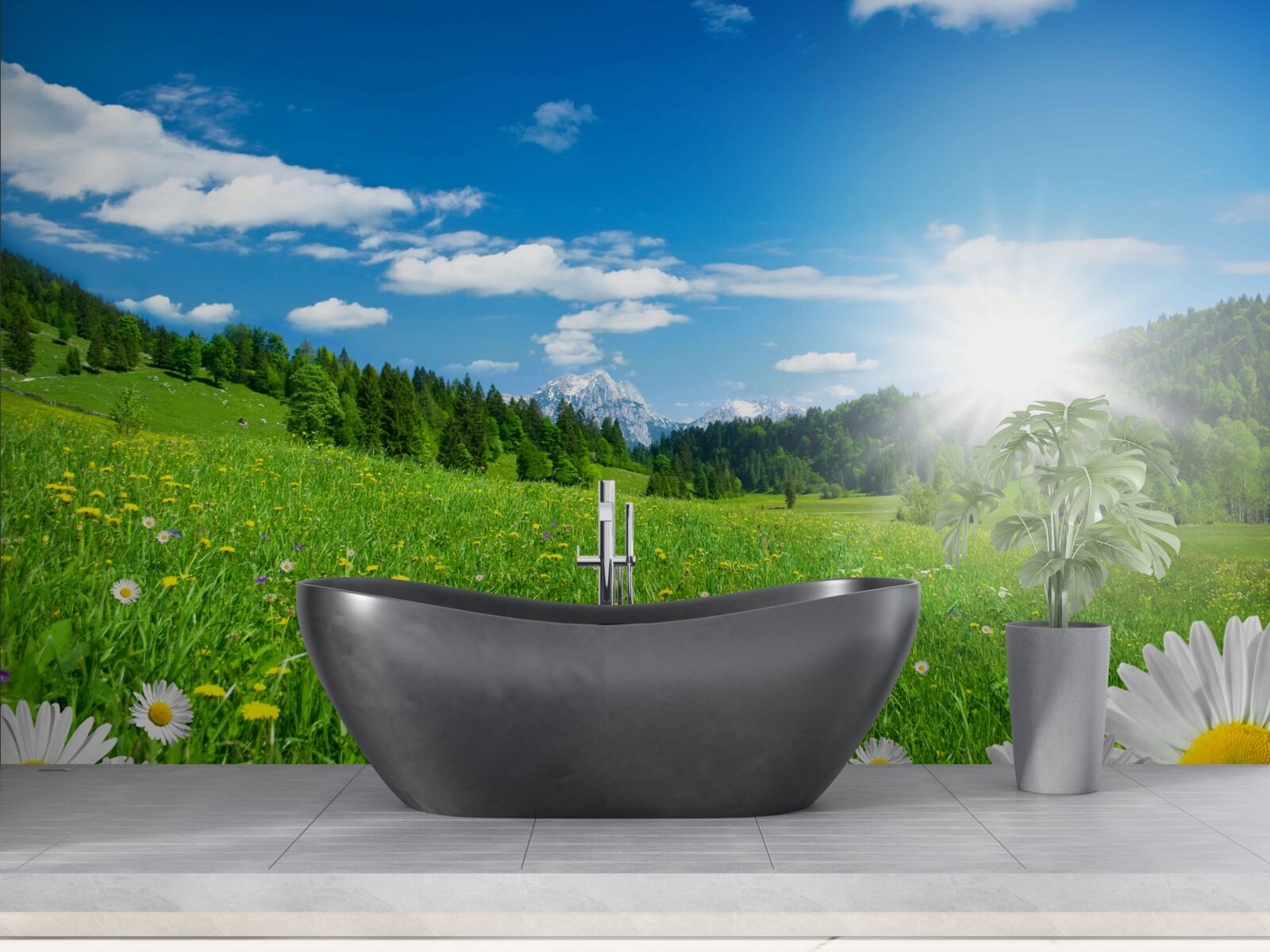 Fototapeta jasné ráno nad rozkvitnutou lúkou a sedmokráskami