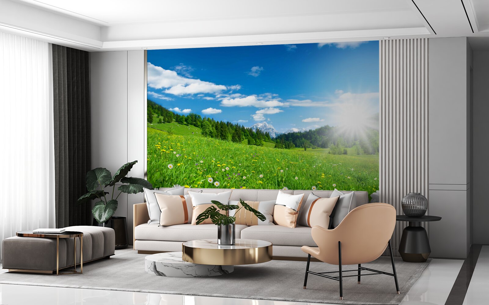 Fototapeta jasné ráno nad rozkvitnutou lúkou a sedmokráskami