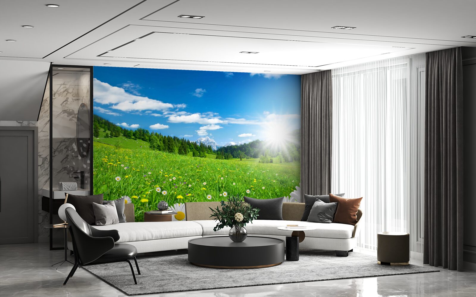 Fototapeta jasné ráno nad rozkvitnutou lúkou a sedmokráskami