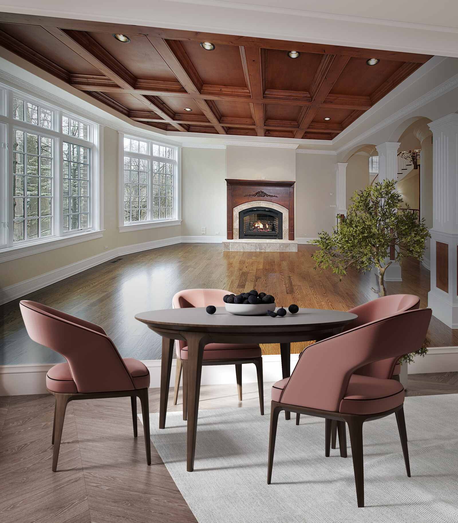 Fototapeta interiér s elegantným nábytkom, bielym nábytkom a drevom