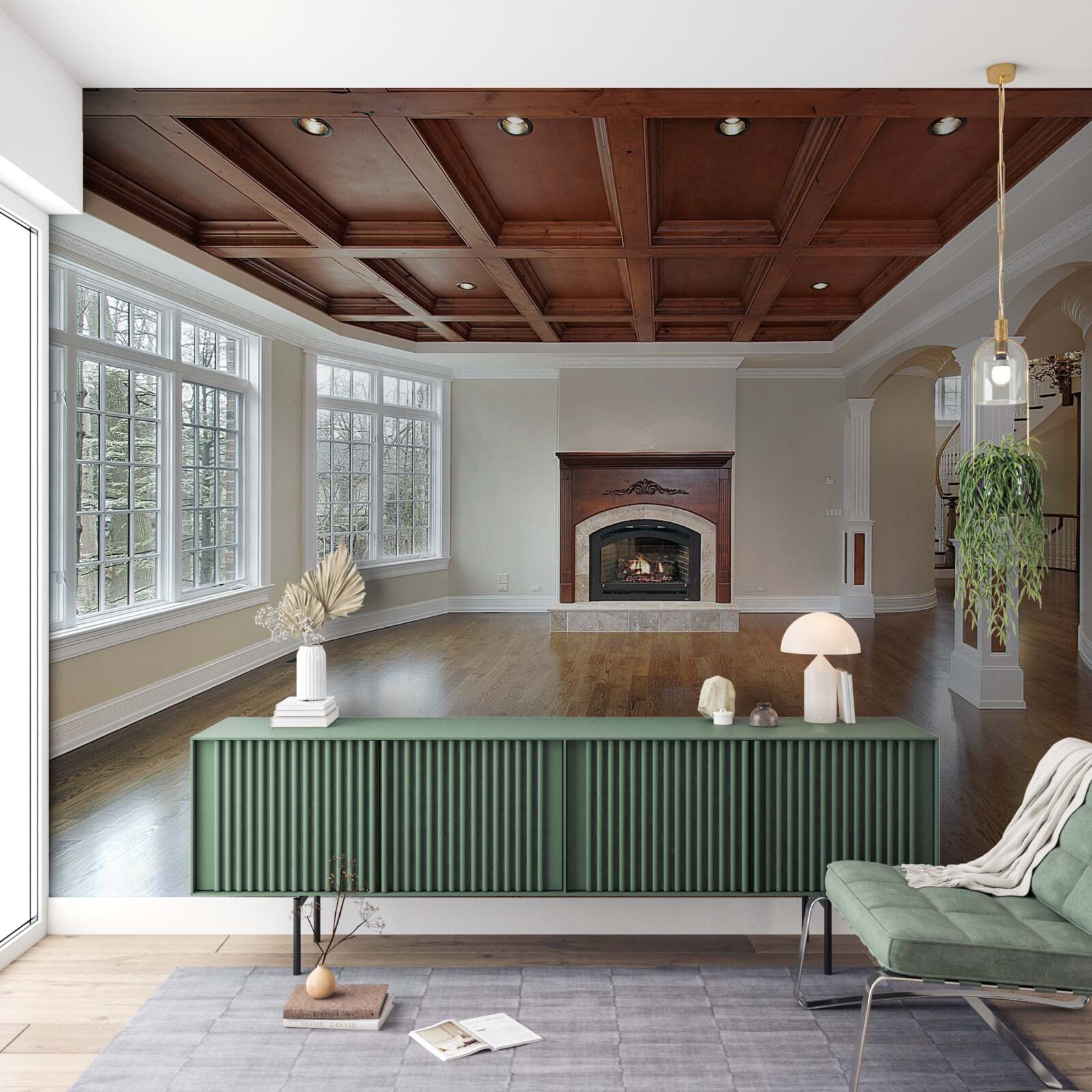 Fototapeta interiér s elegantným nábytkom, bielym nábytkom a drevom