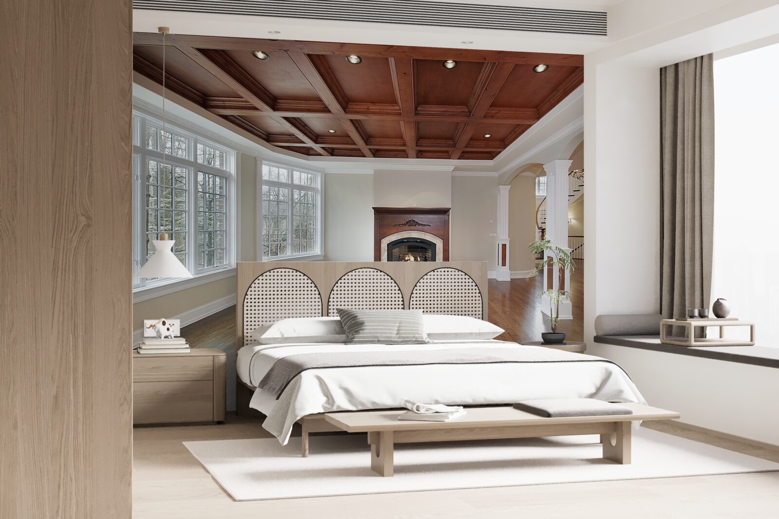 Fototapeta interiér s elegantným nábytkom, bielym nábytkom a drevom