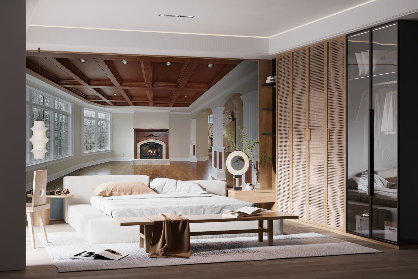 Fototapeta interiér s elegantným nábytkom, bielym nábytkom a drevom