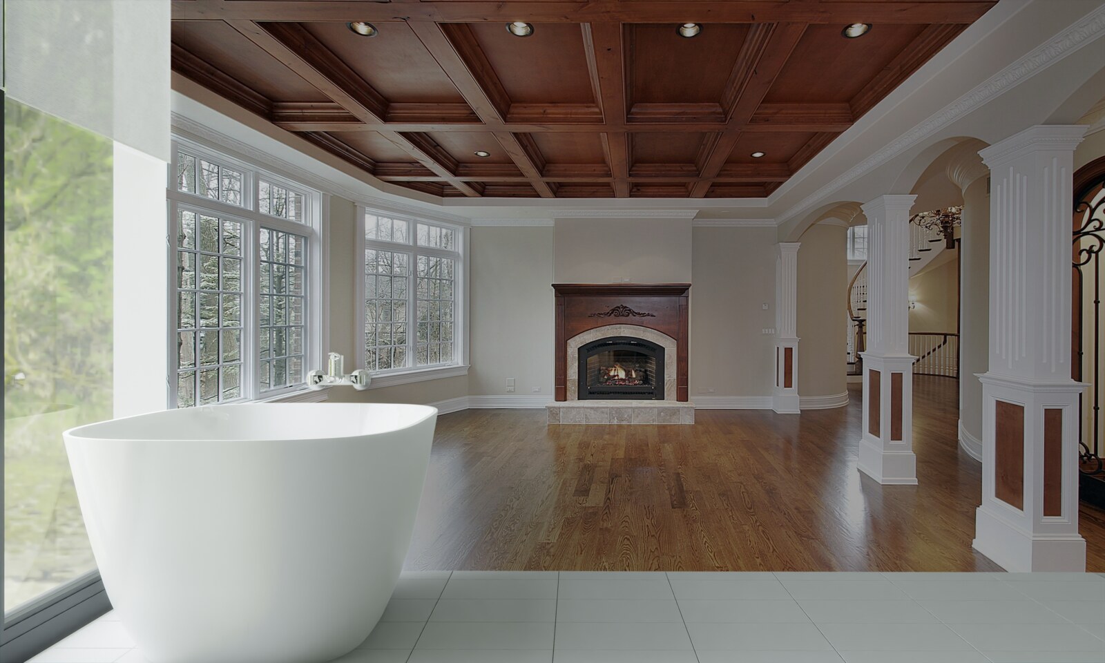 Fototapeta interiér s elegantným nábytkom, bielym nábytkom a drevom