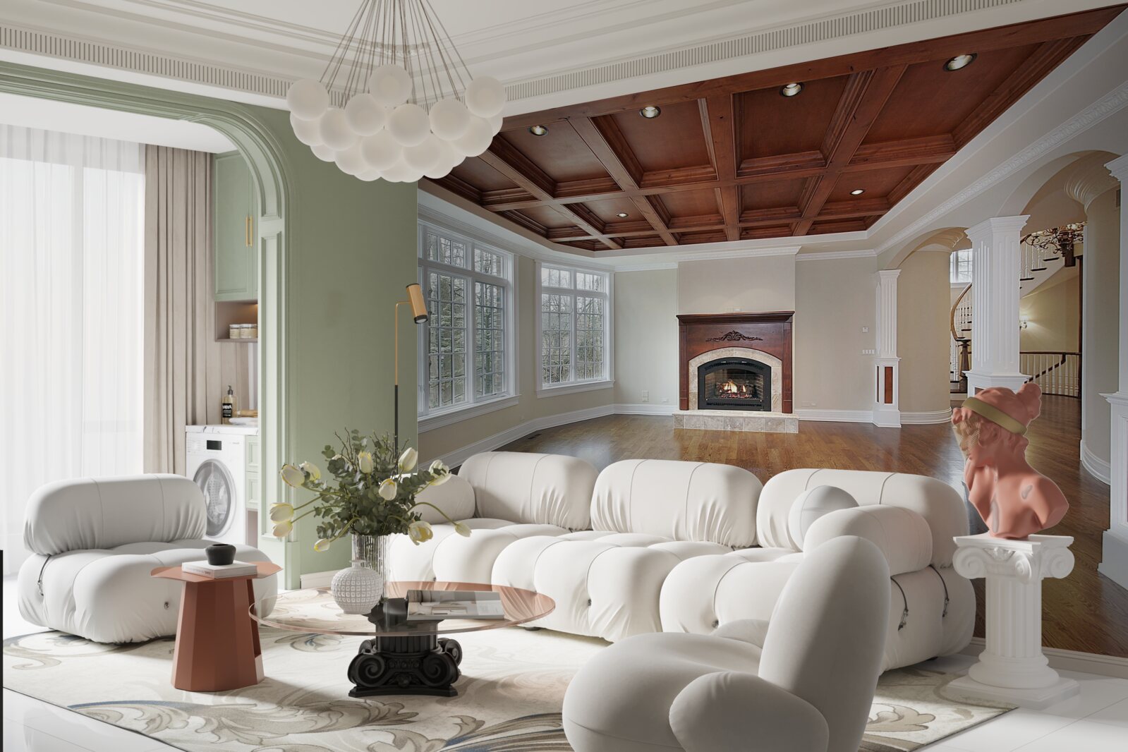 Fototapeta interiér s elegantným nábytkom, bielym nábytkom a drevom