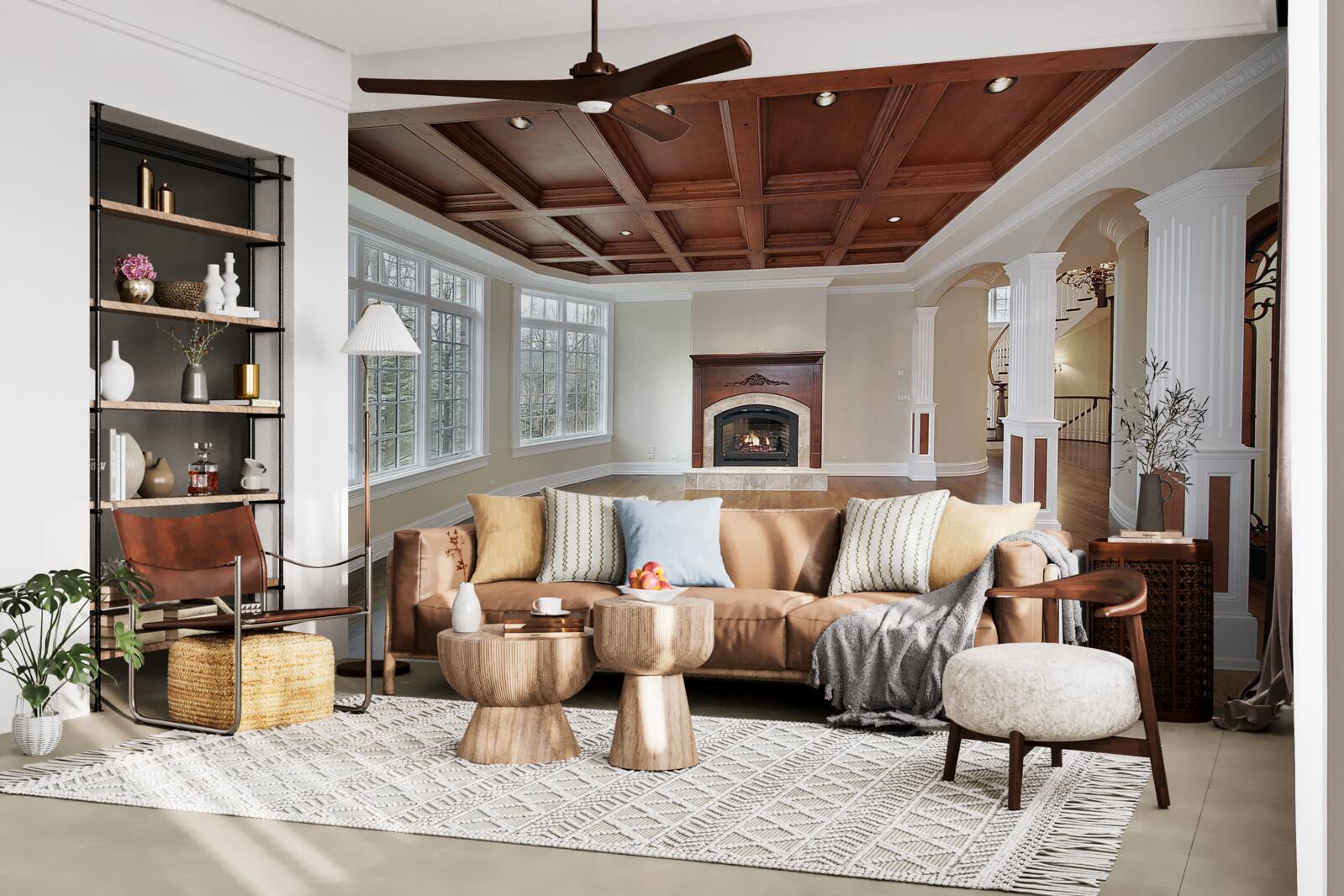 Fototapeta interiér s elegantným nábytkom, bielym nábytkom a drevom