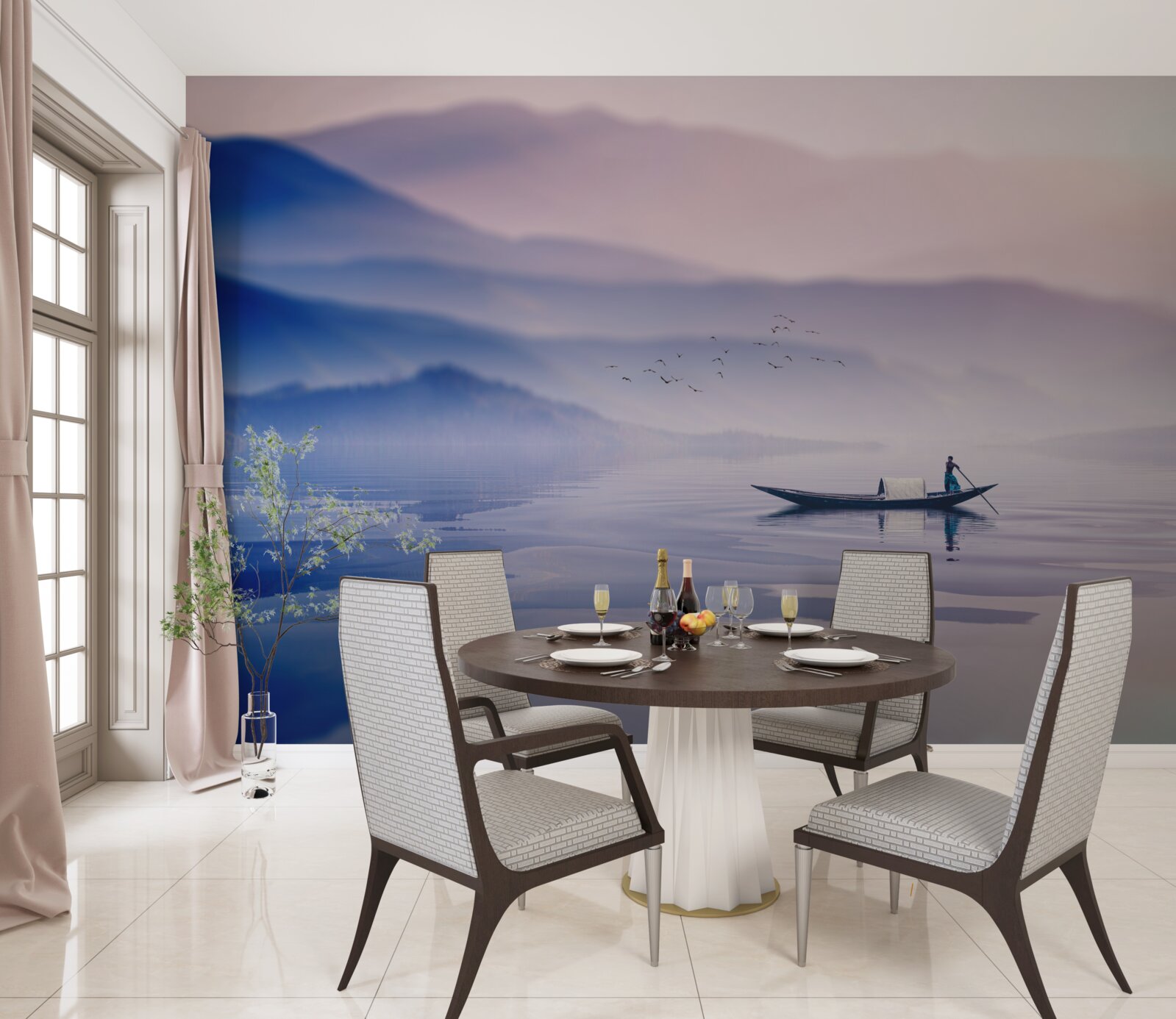 Fototapeta rybár sám na vodke zaliaty hmlou