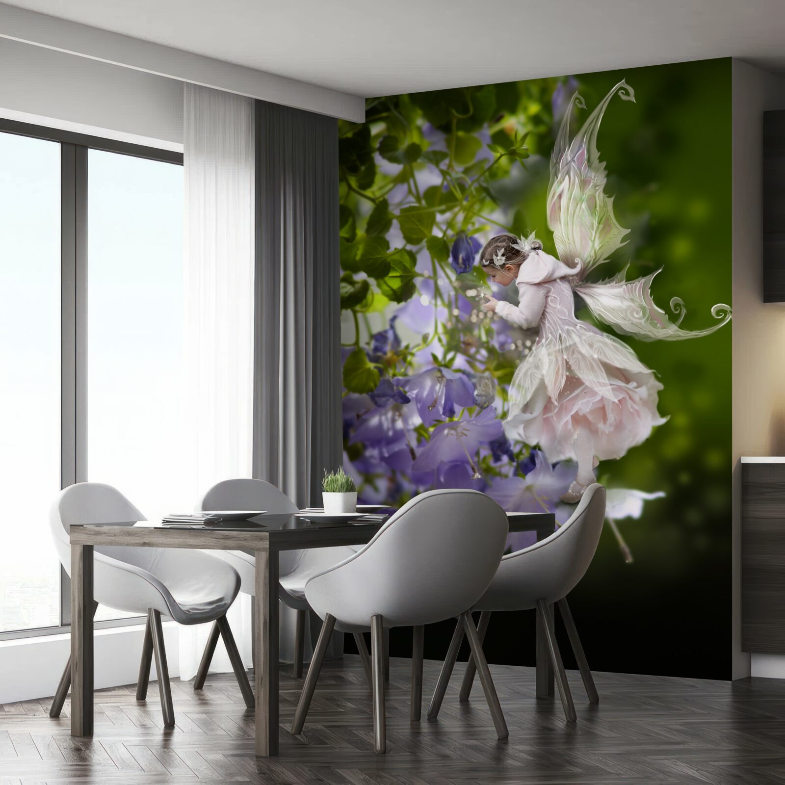 Fototapeta silueta dievčaťa s nočnými motýľami, ktoré pijú nektár