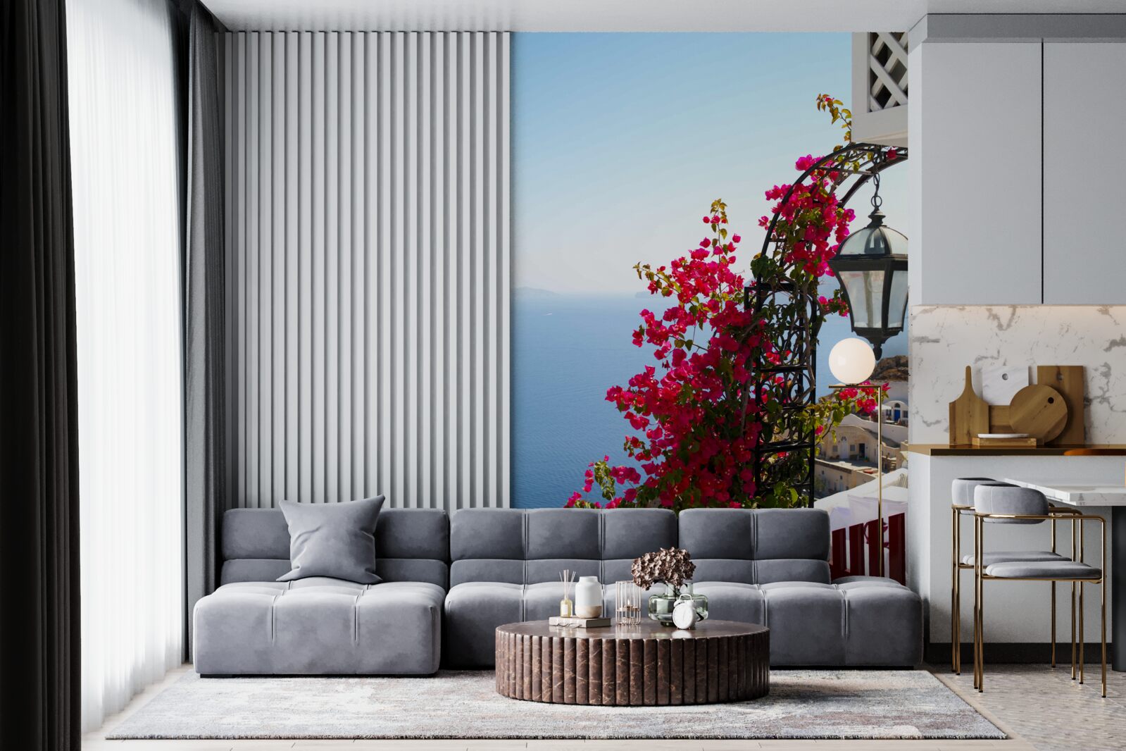 Fototapeta Oblúk pri jazierku, prepletený rozkvitnutými červenými kvetmi