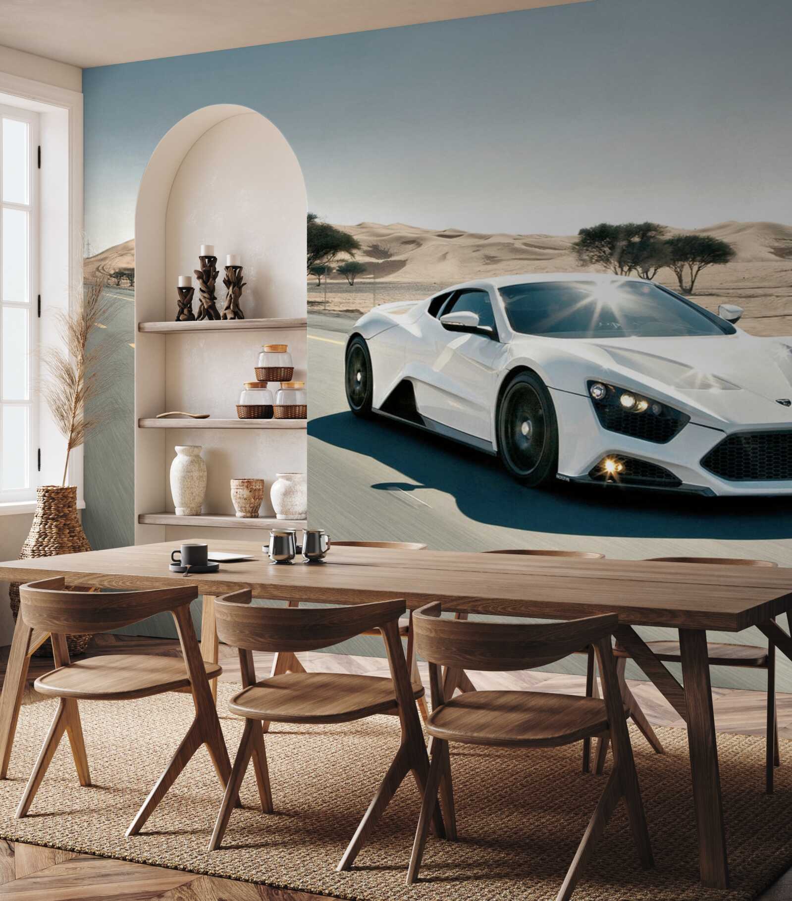 Fototapeta Biele športové auto jazdiace na ceste