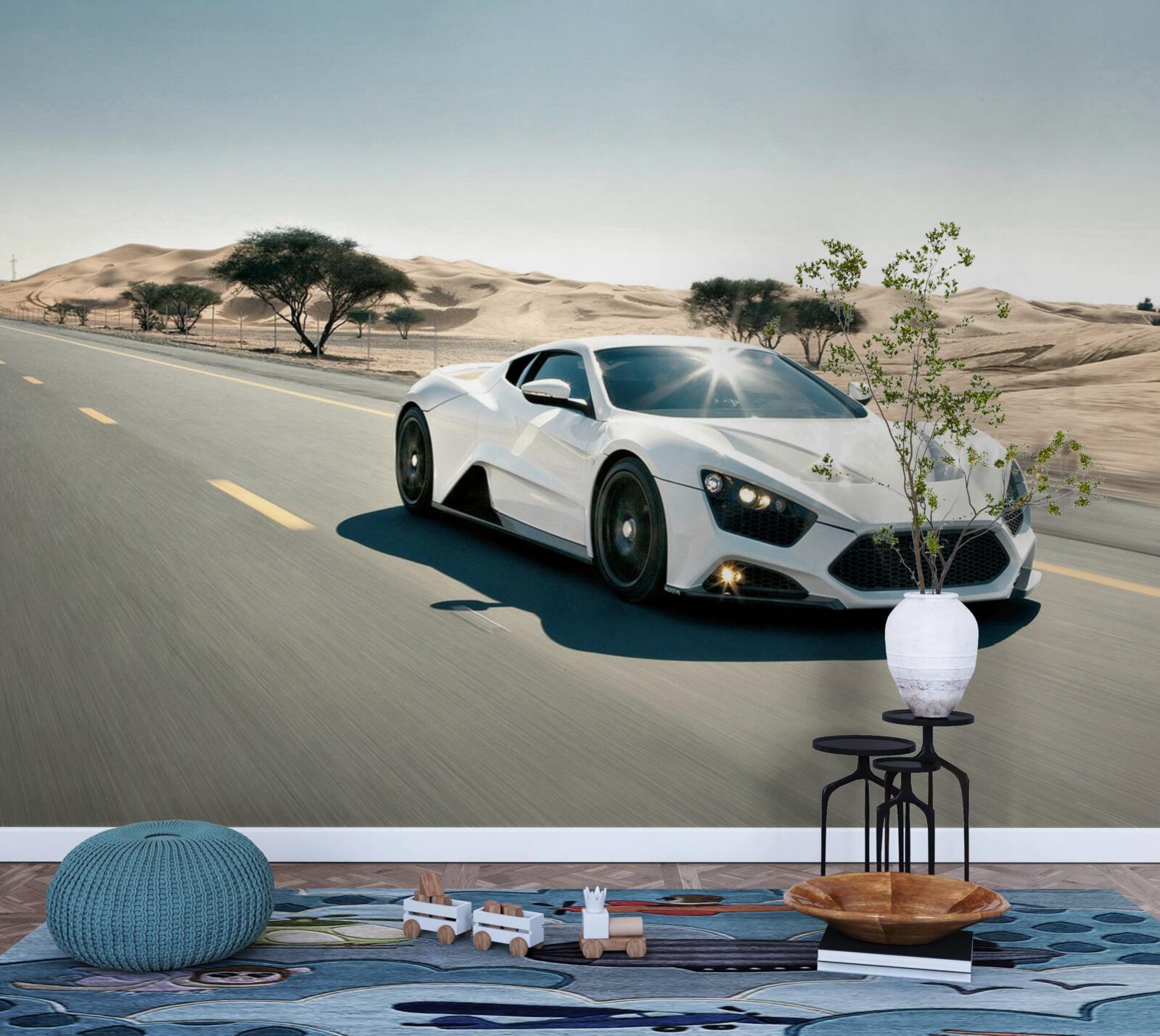 Fototapeta Biele športové auto jazdiace na ceste