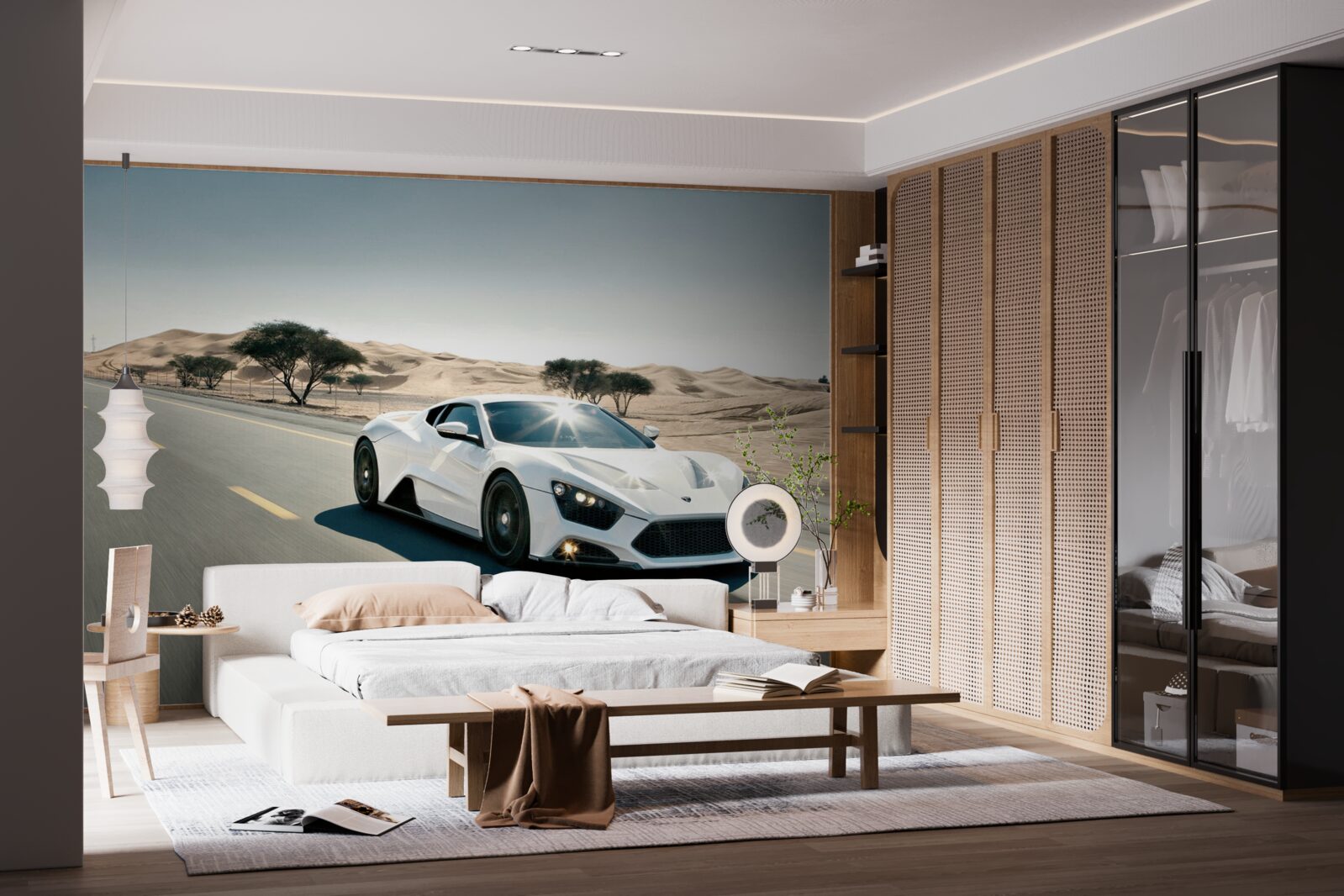 Fototapeta Biele športové auto jazdiace na ceste