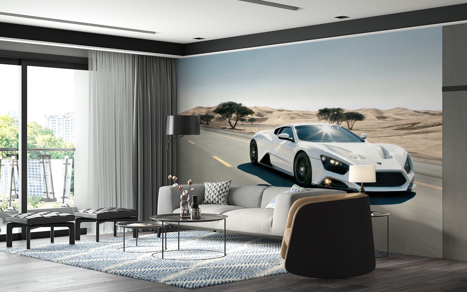 Fototapeta Biele športové auto jazdiace na ceste