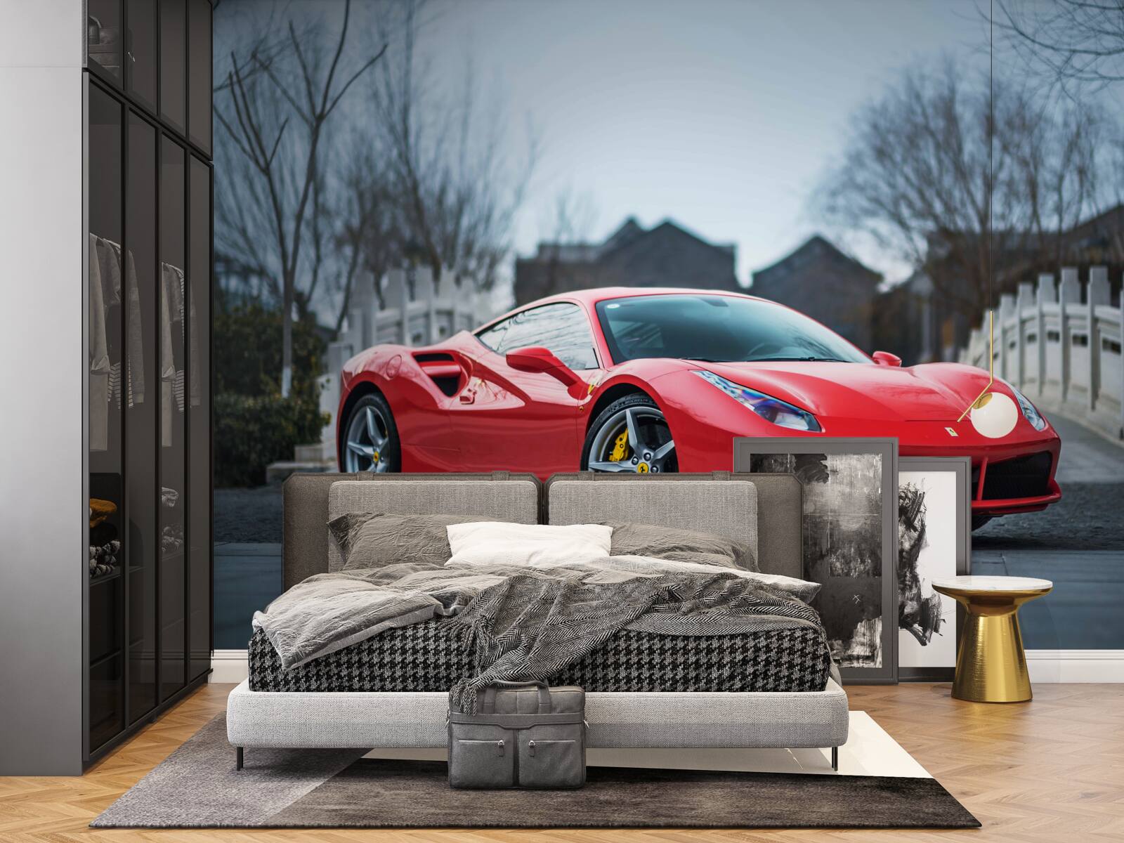 Fototapeta nádherné šarlátové červené ferrari v daždivom počasí